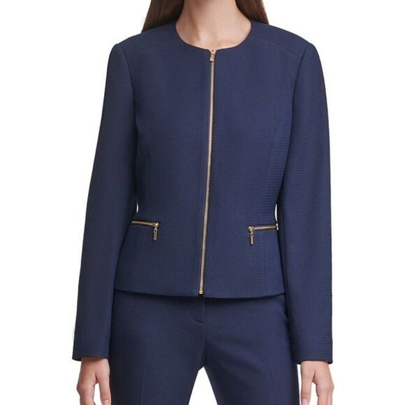Calvin Klein Twill Zipper-Front Jacket size 4 Petite in Navy - NEW - Picture 2 of 14